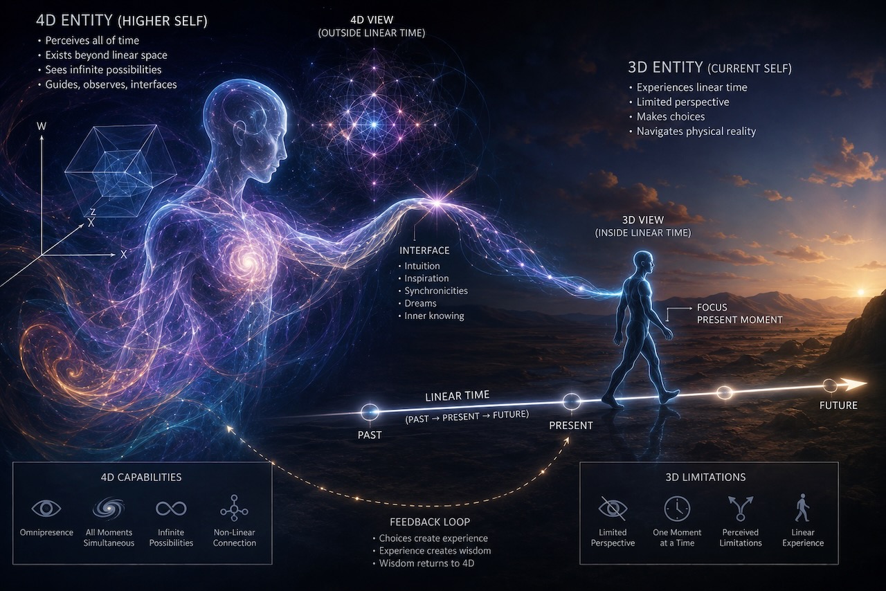 Concept art of a luminous figure reaching toward a person walking through linear time.